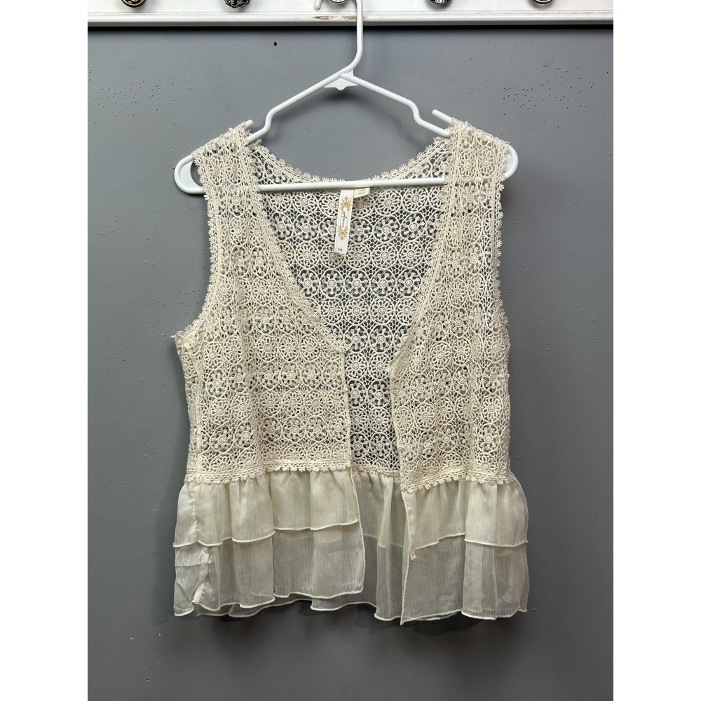 Adiva Shirt Womens Medium Ivory Crochet Lace Sleeveless Ruffle Hem Boho Top